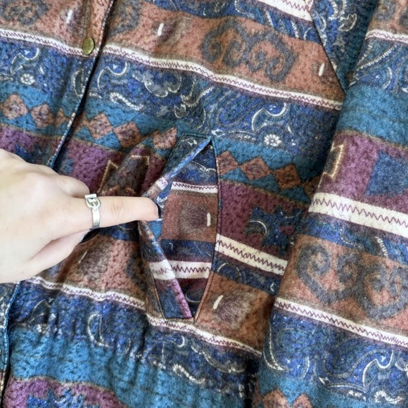 Vintage Reversible Jacket Womens Large Blue Nylon Southwestern Anorak Snap Waist - Picture 5 of 9